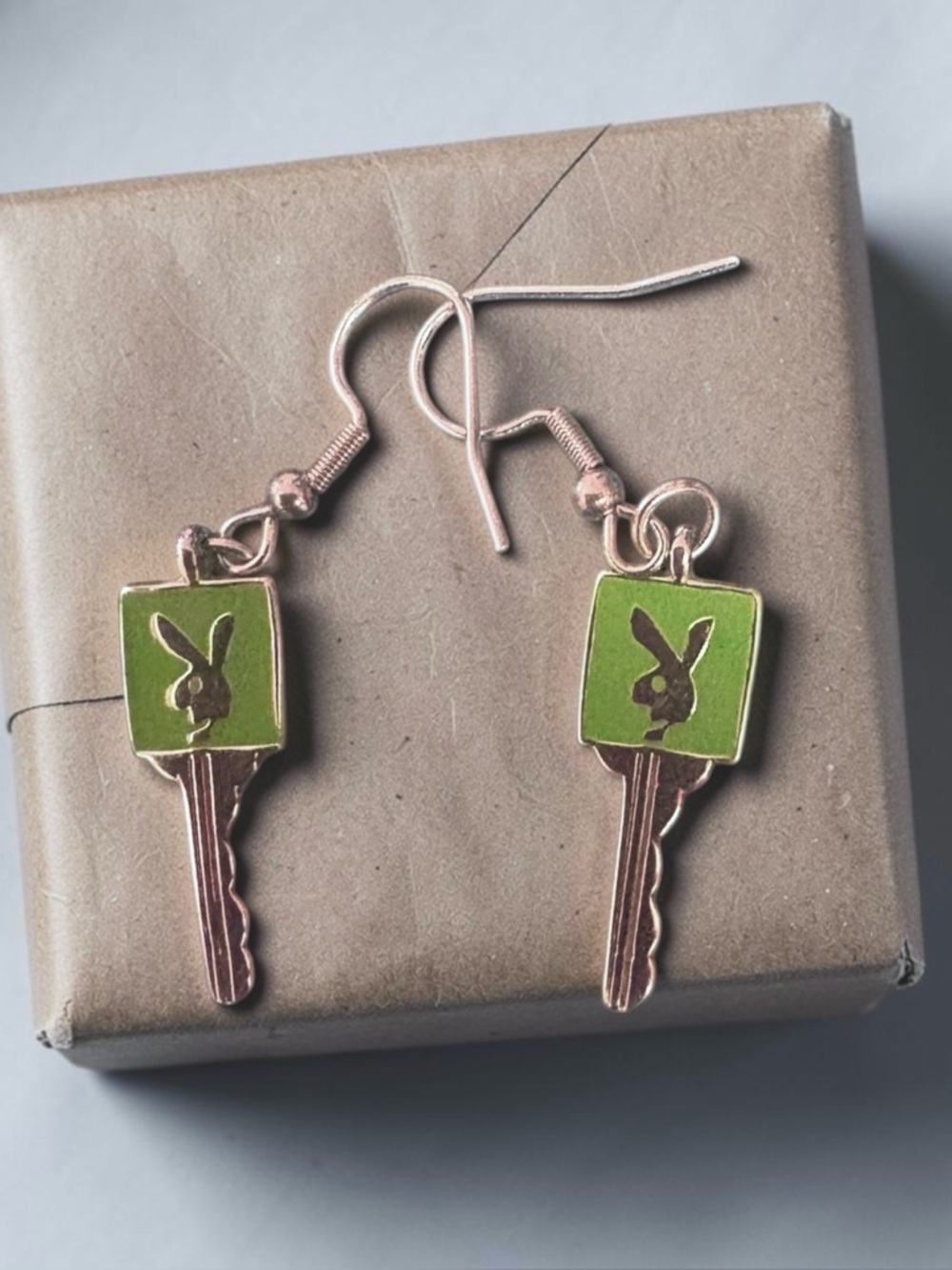 Green Enamel Bunny Key Dangle Earrings